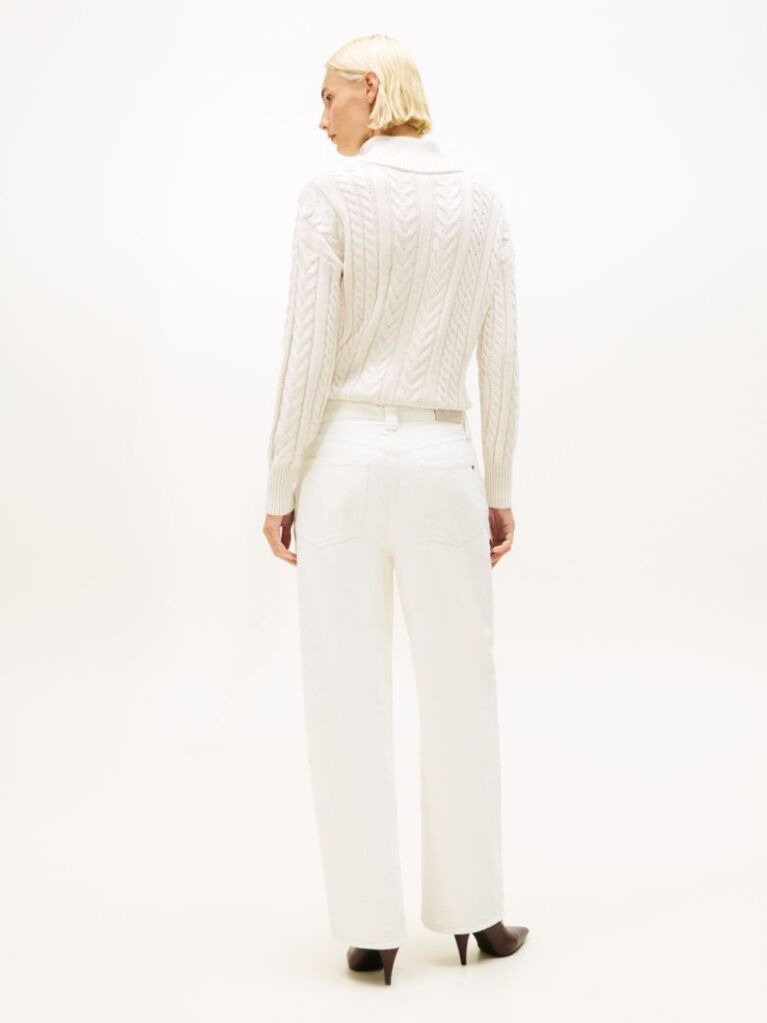 White Mid Rise Tapered Barrel Leg White Jeans  Women