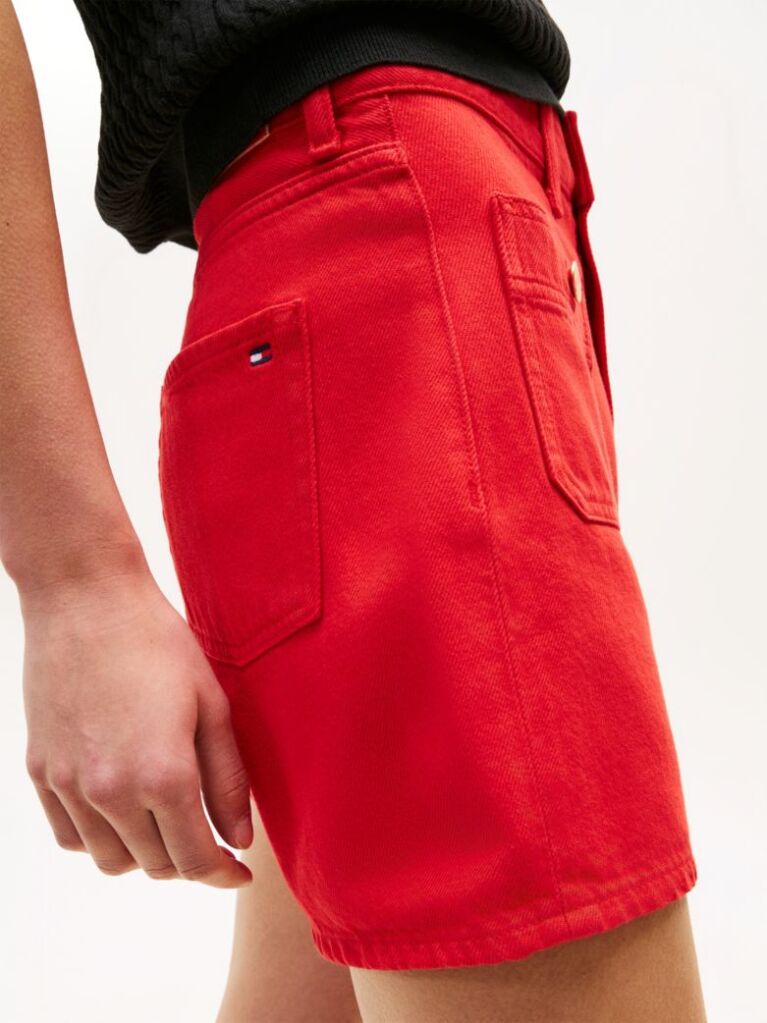 Red Gold-Tone Button High Rise Denim Shorts  Women