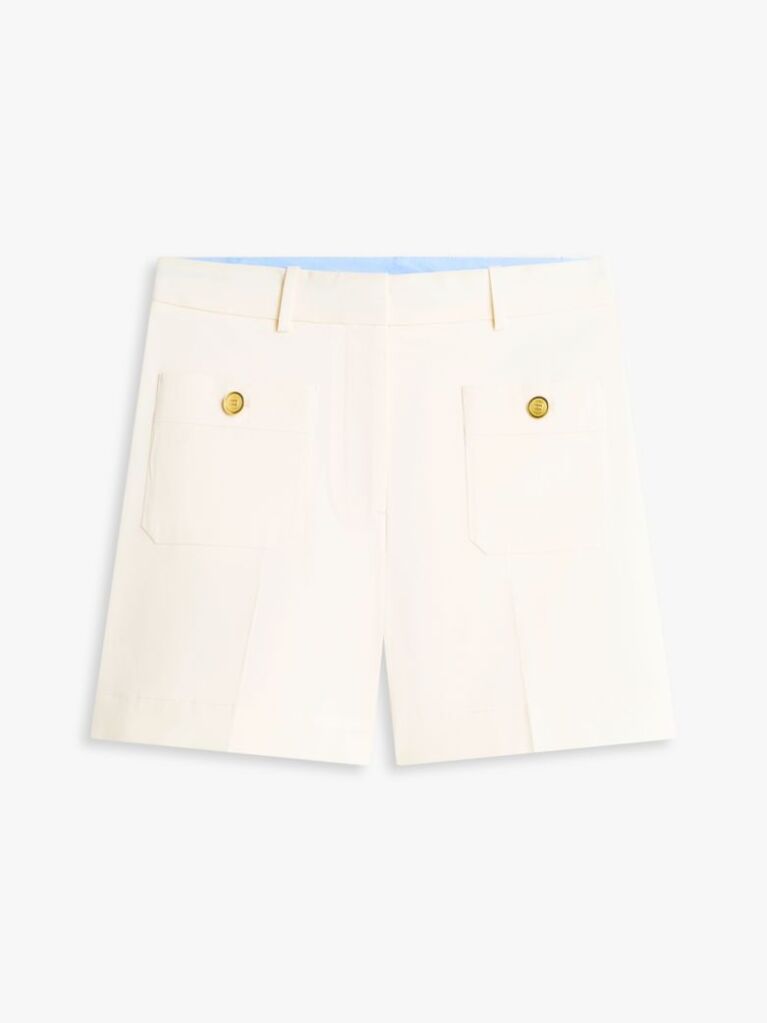 Beige Crest Embossed Gold-Tone Button Shorts  Women