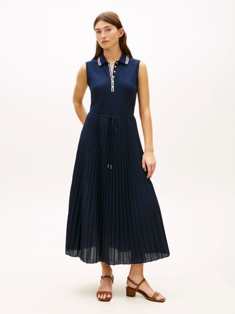 Blue 1985 Pleated Sleeveless Midi Polo Dress  Women