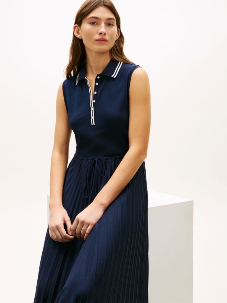 Blue 1985 Pleated Sleeveless Midi Polo Dress  Women