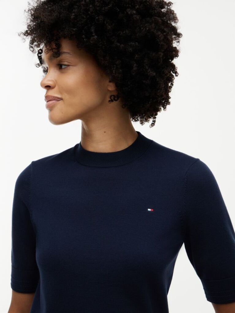 Blue Fine Knit Jersey Short Sleeve Jumper  Women
