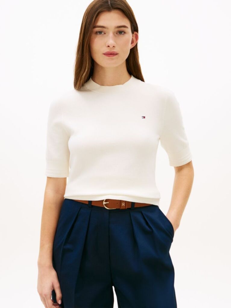 Beige Fine Knit Jersey Short Sleeve Jumper  Women