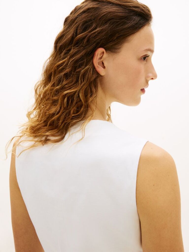 White Gold-Tone Button Linen Blend Slim Waistcoat  Women