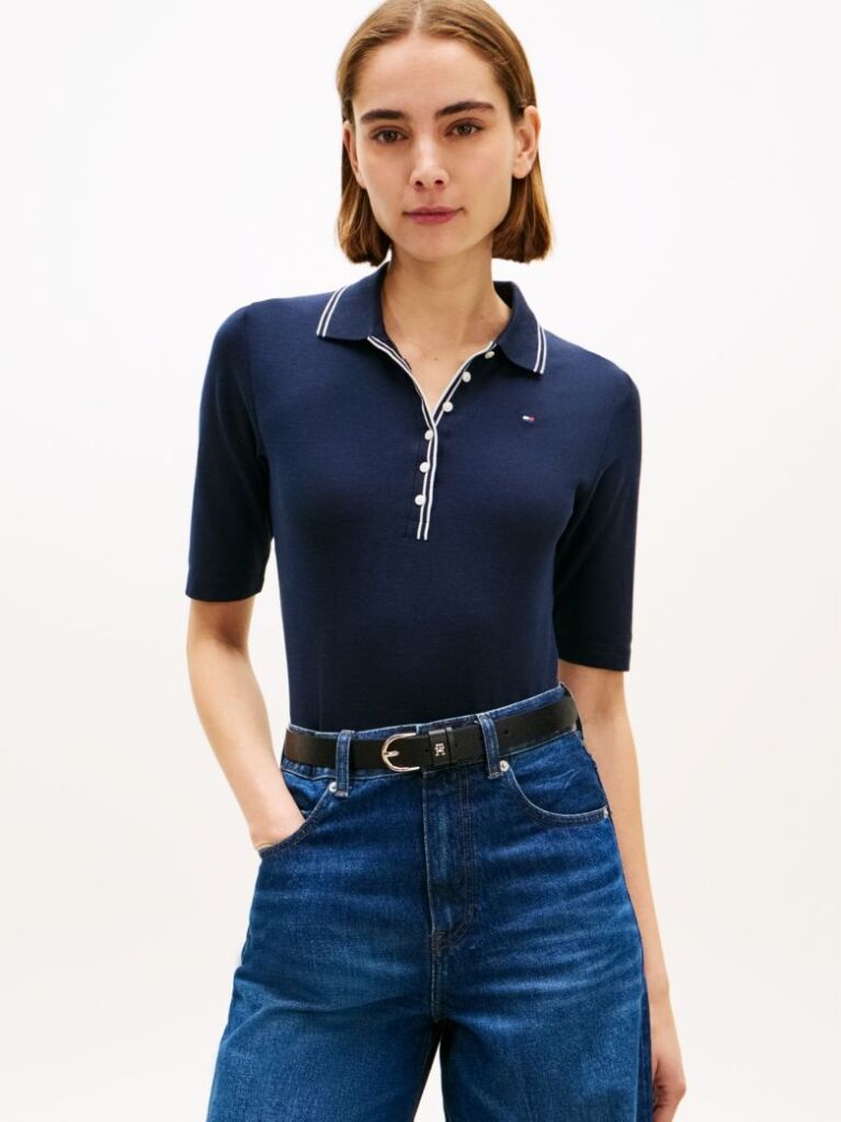 Blue Slim Fit Tipped Half Sleeve Polo Shirt  Women