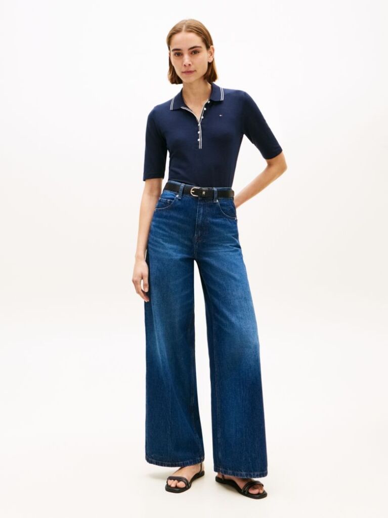 Blue Slim Fit Tipped Half Sleeve Polo Shirt  Women