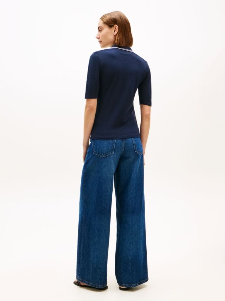 Blue Slim Fit Tipped Half Sleeve Polo Shirt  Women