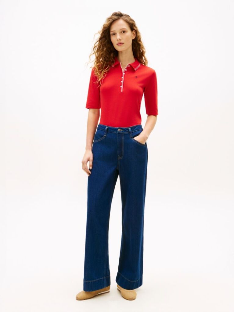 Red Slim Fit Tipped Half Sleeve Polo Shirt  Women