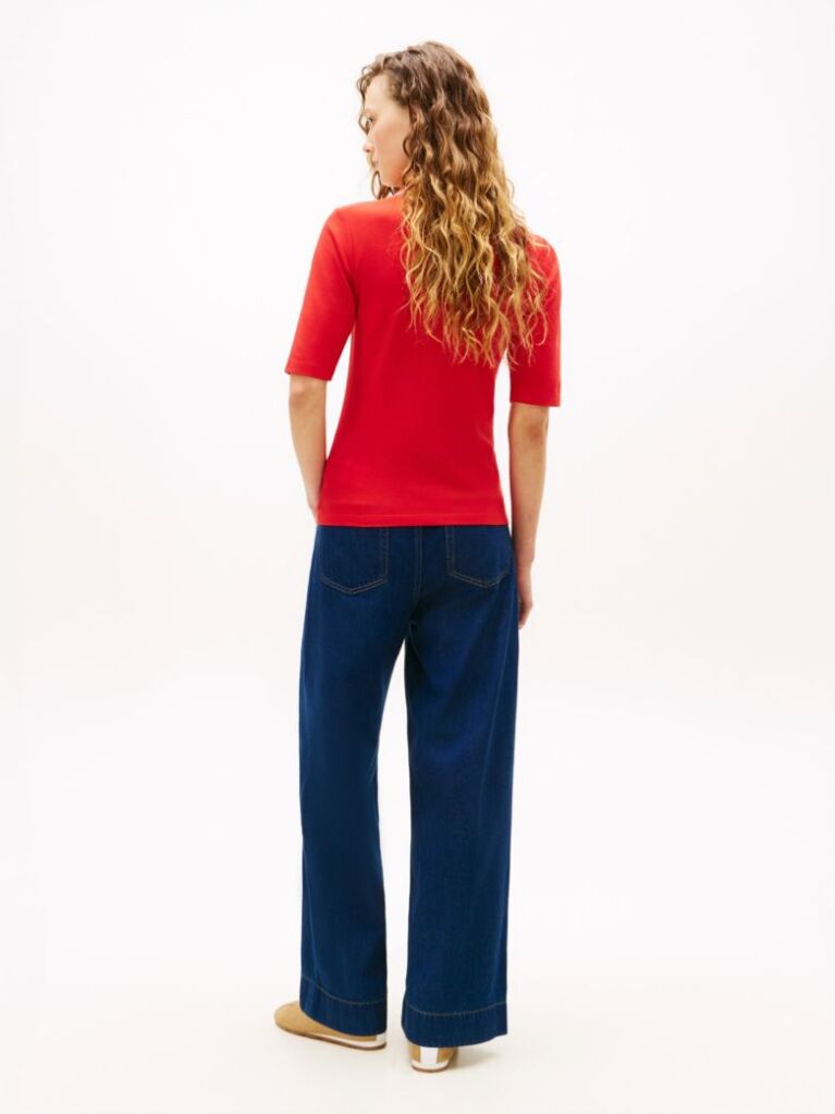 Red Slim Fit Tipped Half Sleeve Polo Shirt  Women