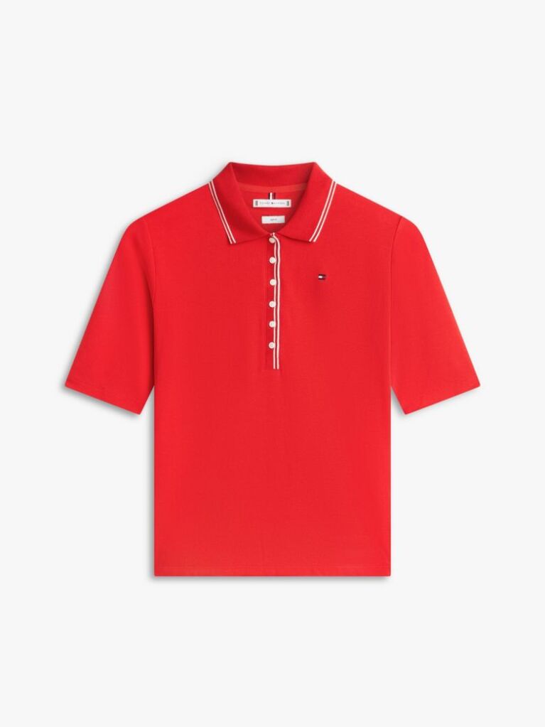 Red Slim Fit Tipped Half Sleeve Polo Shirt  Women