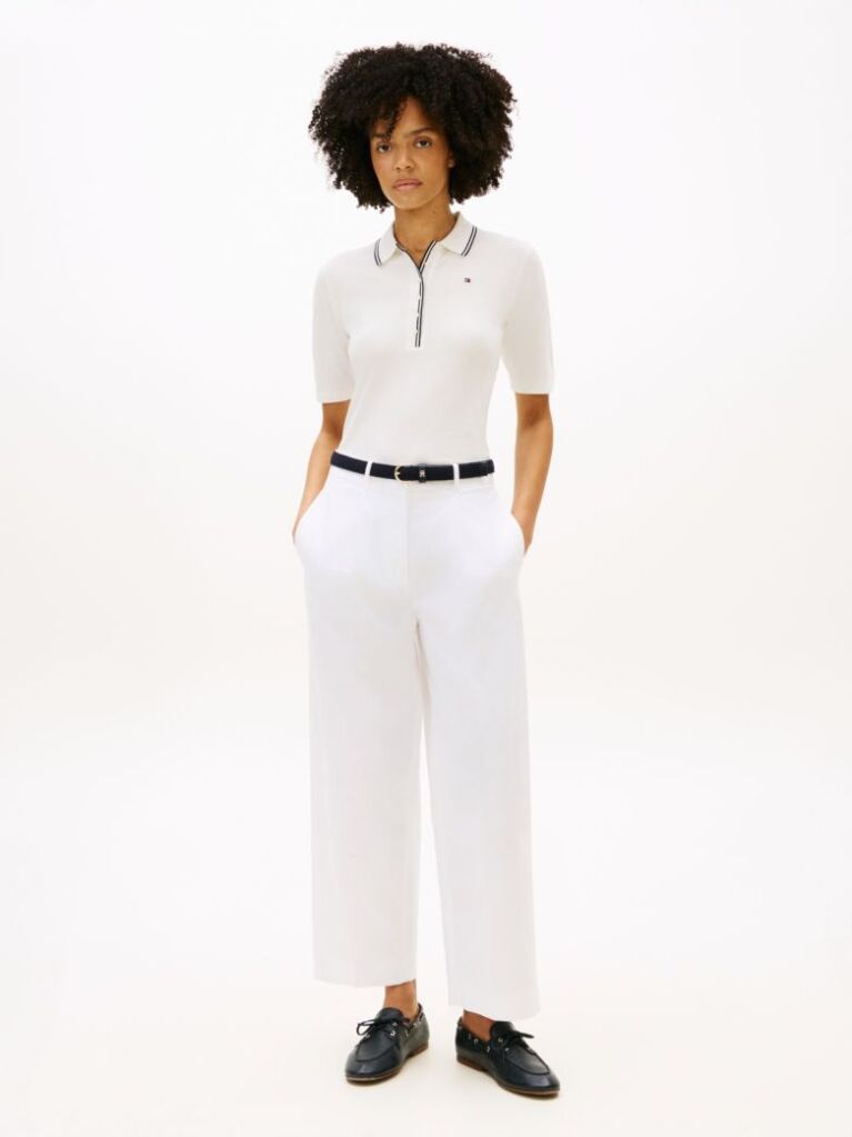 White Slim Fit Tipped Half Sleeve Polo Shirt  Women