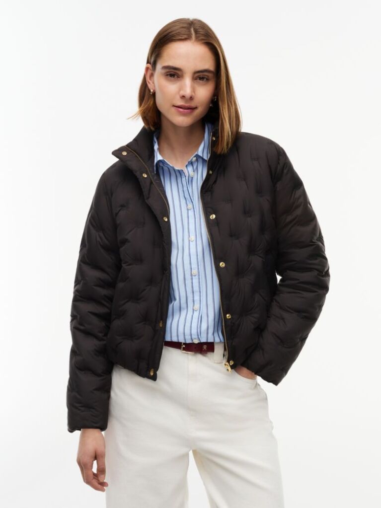 Black Gold-Tone Button Flag Down Quilted Jacket  Women