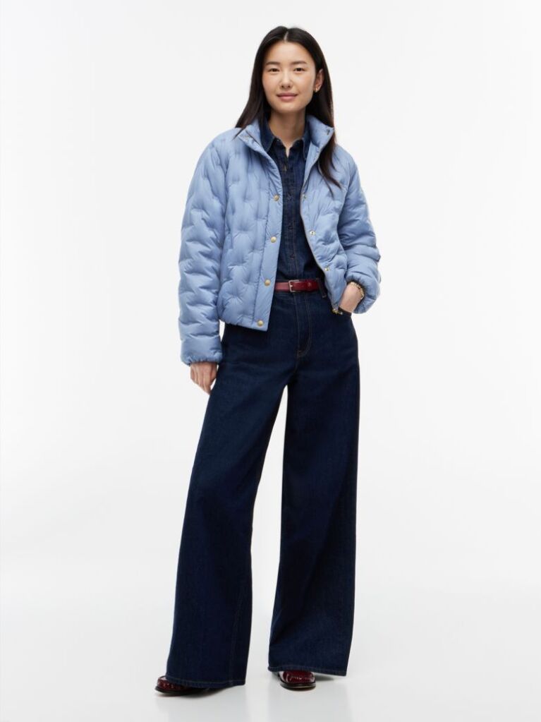 Blue Gold-Tone Button Flag Down Quilted Jacket  Women
