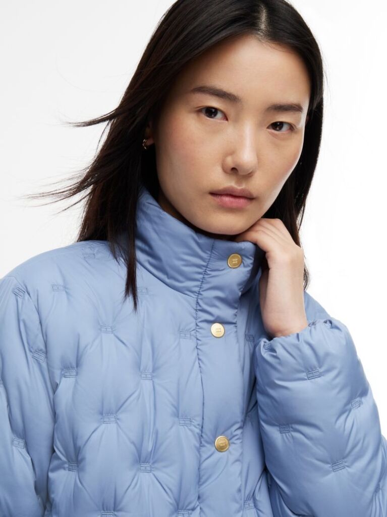 Blue Gold-Tone Button Flag Down Quilted Jacket  Women