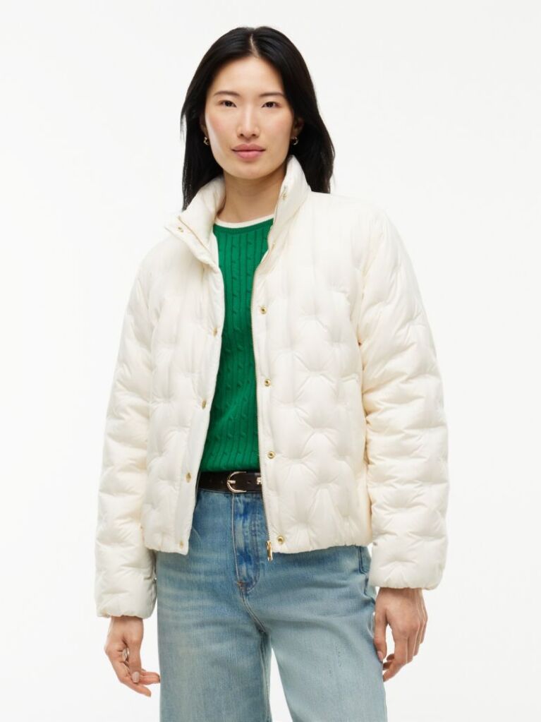Beige Gold-Tone Button Flag Down Quilted Jacket  Women
