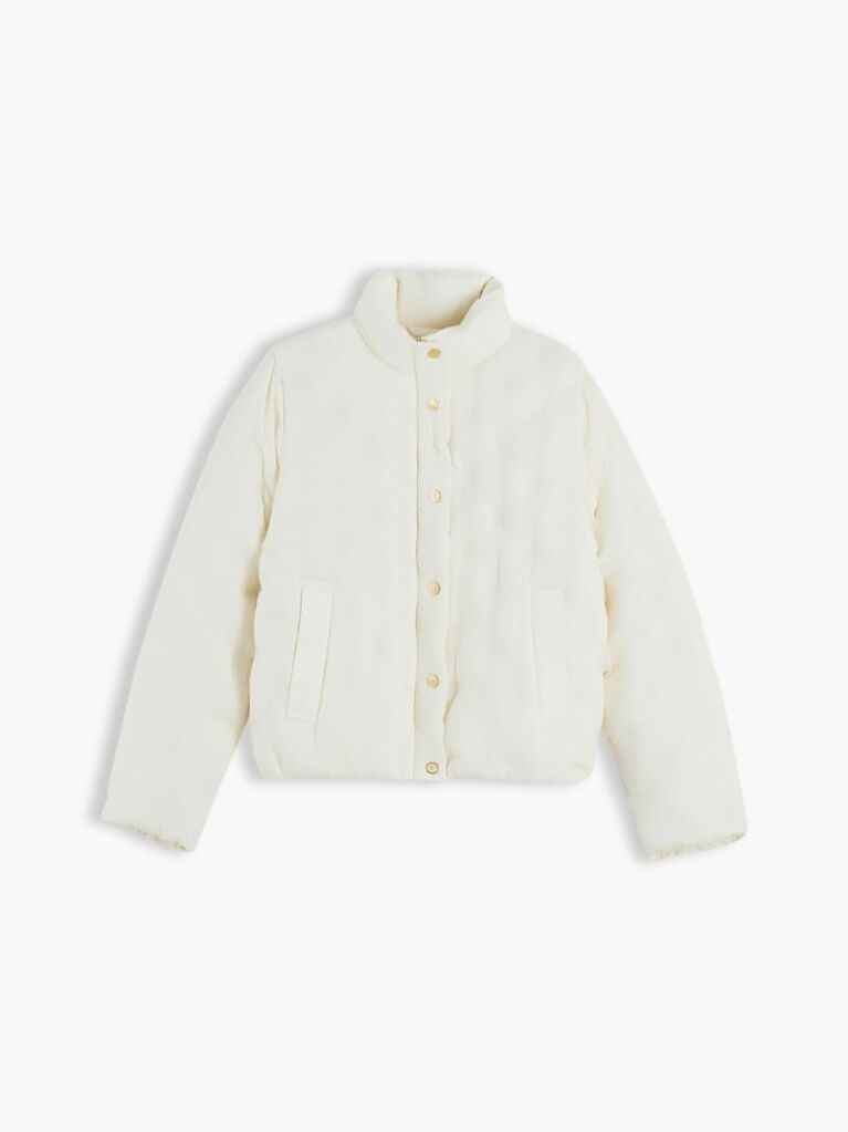 Beige Gold-Tone Button Flag Down Quilted Jacket  Women