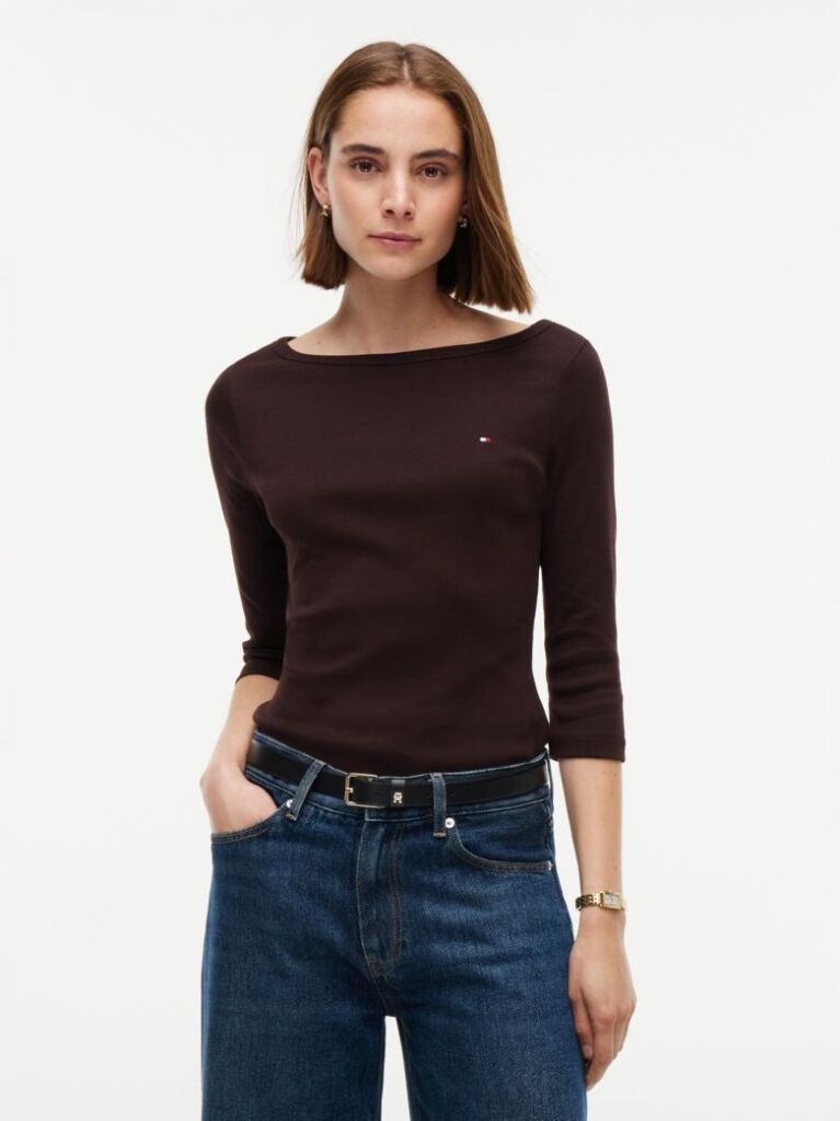Καφέ Slim T-Shirt Με Λαιμόκοψη Boat Και Μανίκι 3/4  Γυναίκες
