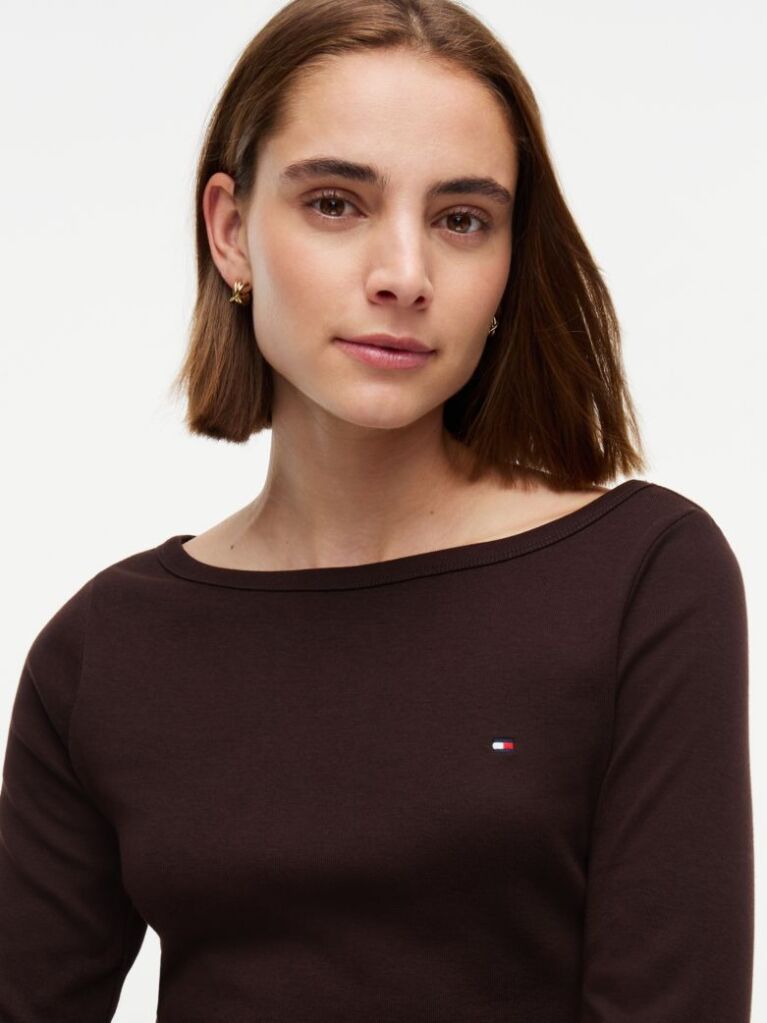 Καφέ Slim T-Shirt Με Λαιμόκοψη Boat Και Μανίκι 3/4  Γυναίκες