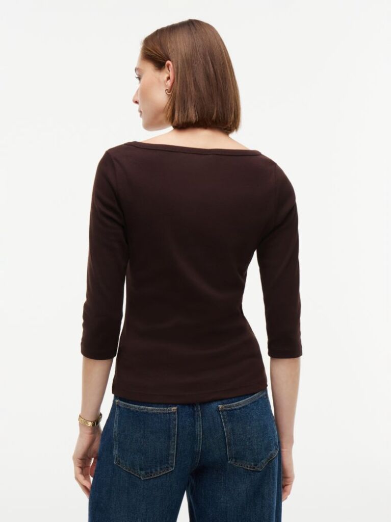 Καφέ Slim T-Shirt Με Λαιμόκοψη Boat Και Μανίκι 3/4  Γυναίκες