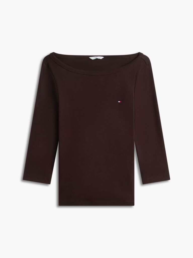 Brown Slim Boat Neck Three-Quarter Sleeve T-Shirt  Women