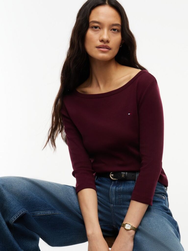 Red Slim Boat Neck Three-Quarter Sleeve T-Shirt  Women