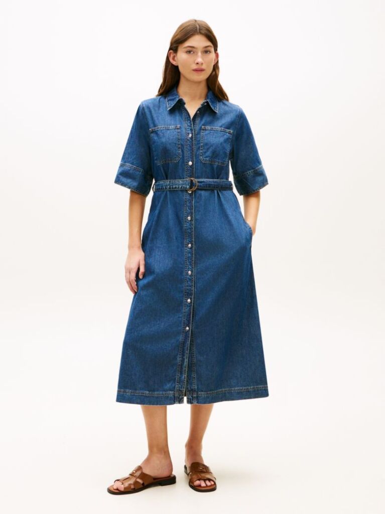Blue Denim Belted Midi Shirt Dress  Women