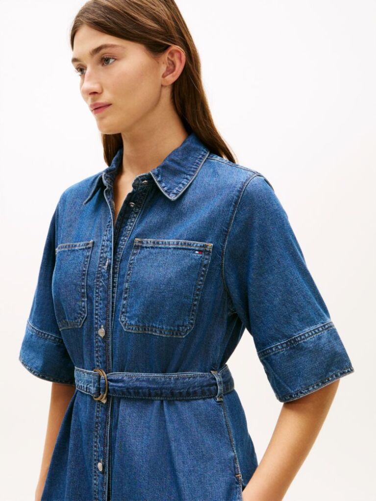 Blue Denim Belted Midi Shirt Dress  Women
