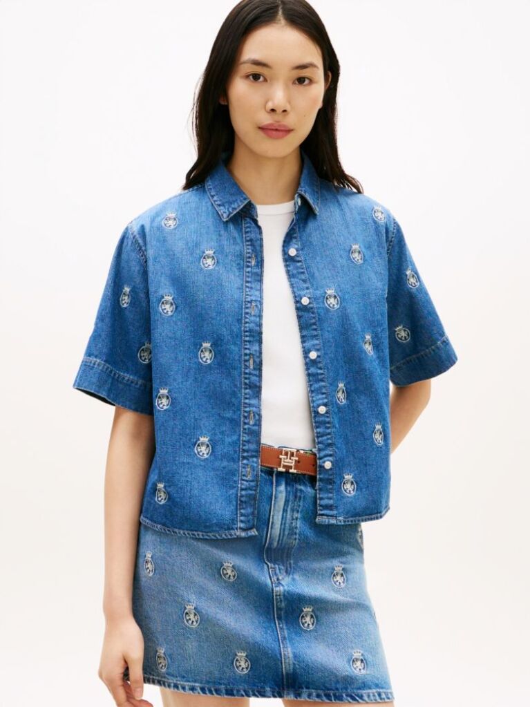 Μπλε Άνετο Κοντό Denim Πουκάμισο  Γυναίκες