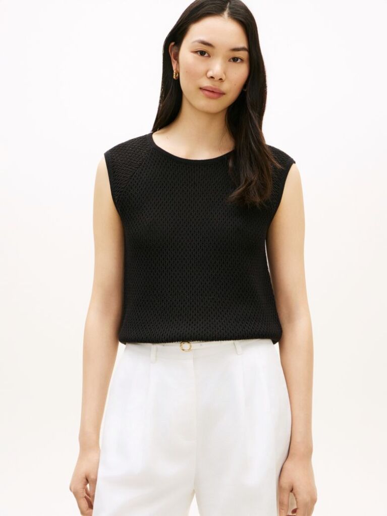 Black Open-Knit Crochet Raglan Short Sleeve Top  Women