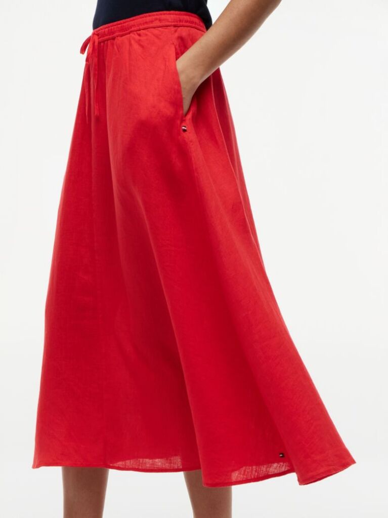 Red Pure Linen A-Line Midi Skirt  Women