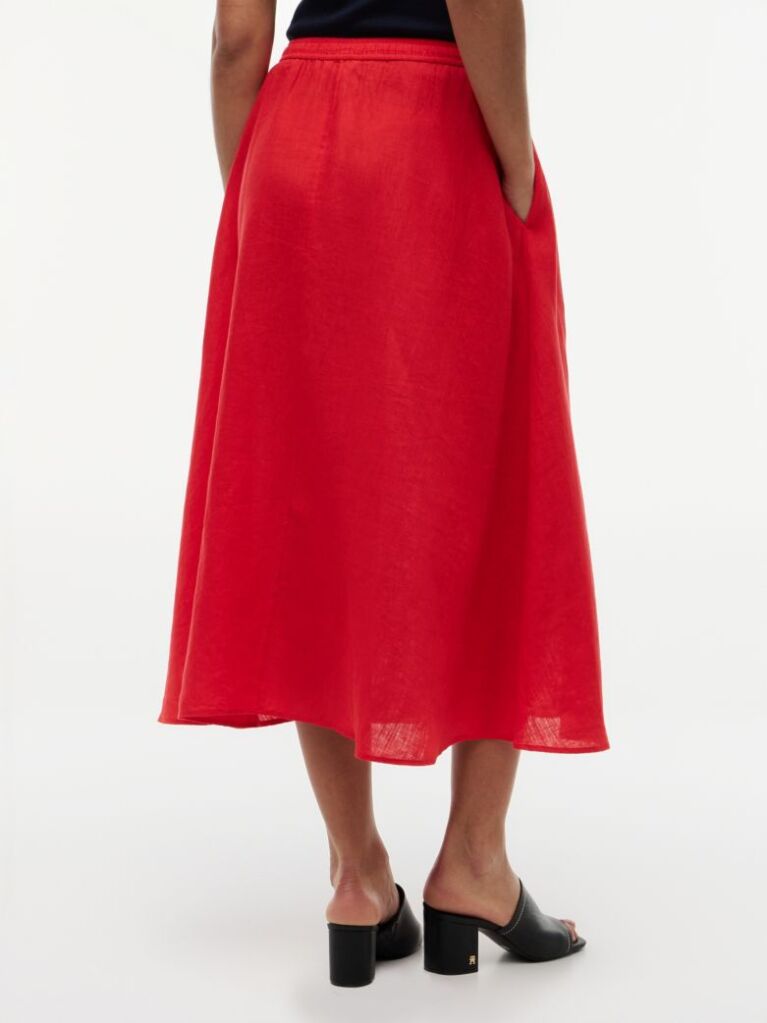 Red Pure Linen A-Line Midi Skirt  Women
