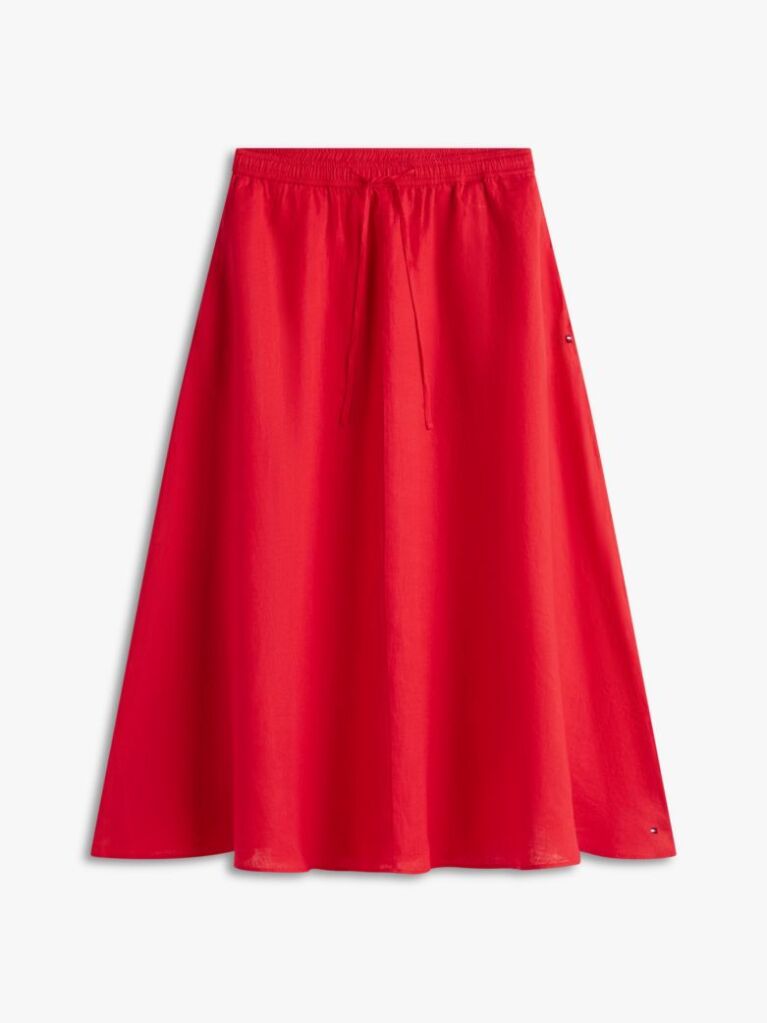 Red Pure Linen A-Line Midi Skirt  Women