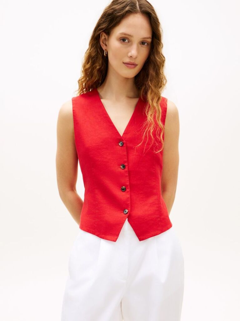 Red Linen Blend Poplin Waistcoat  Women