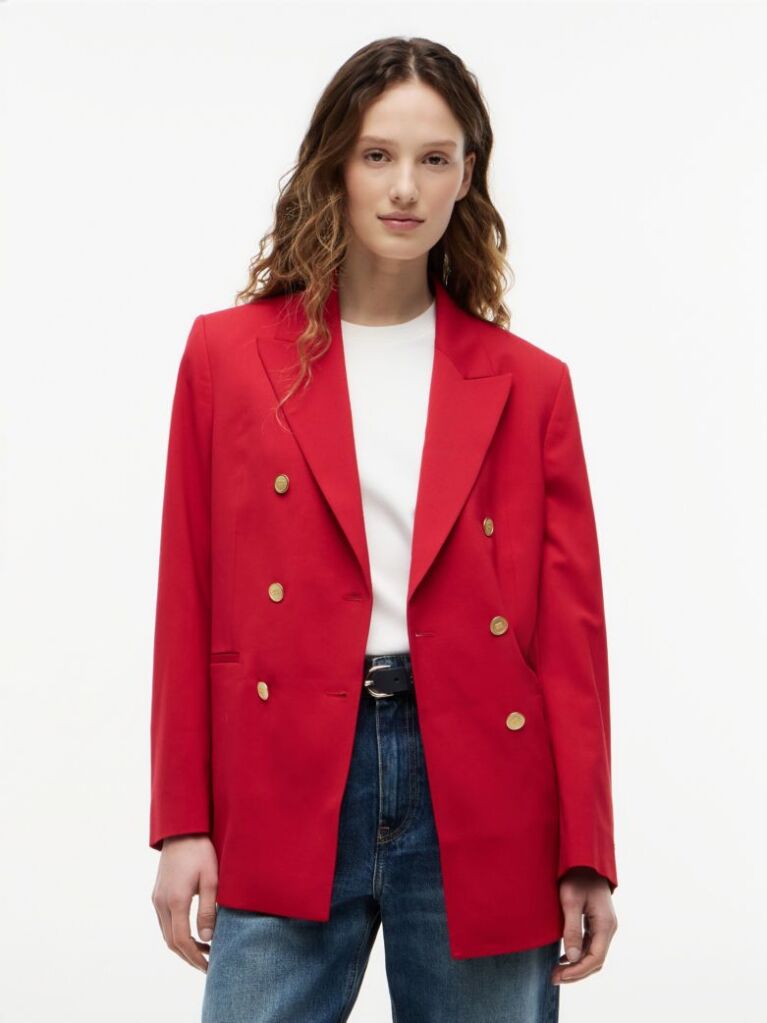 Red Timeless Wool Blend Relaxed Double Breasted Blazer  Women