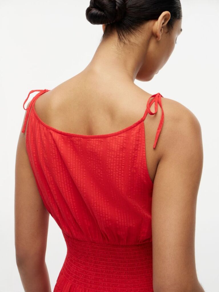 Red Seersucker Smock Tie Strap Midi Dress  Women