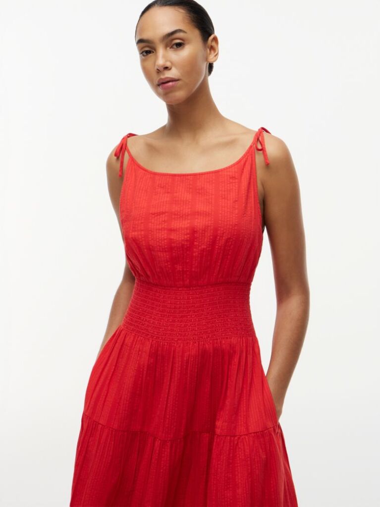Red Seersucker Smock Tie Strap Midi Dress  Women