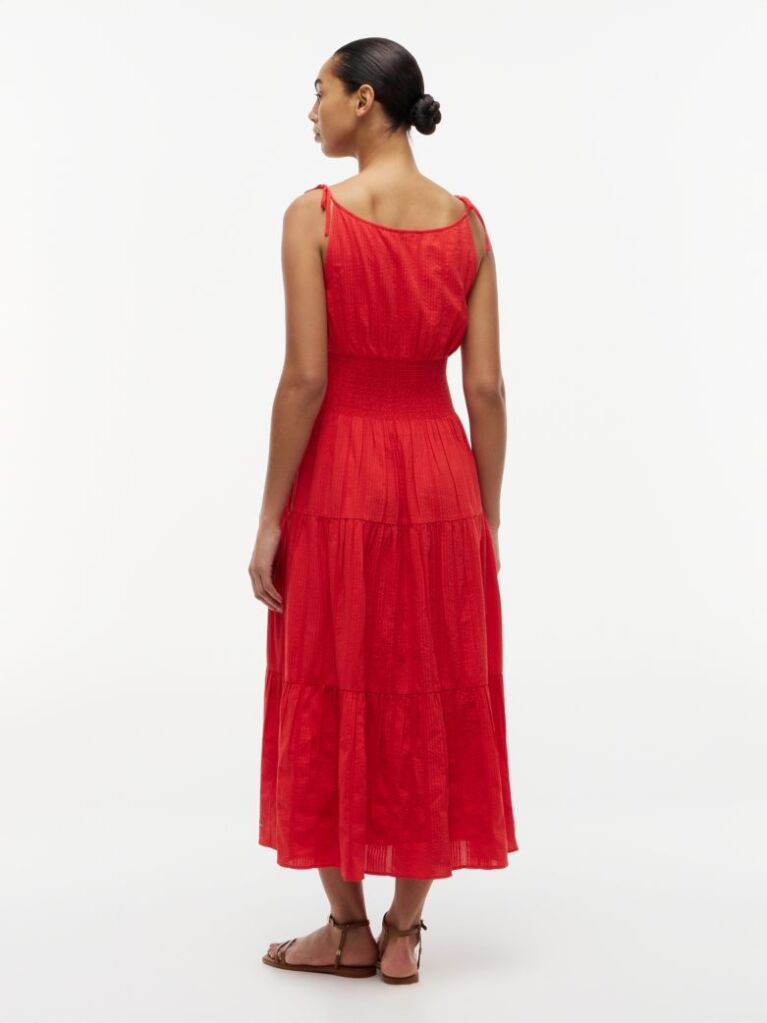 Red Seersucker Smock Tie Strap Midi Dress  Women