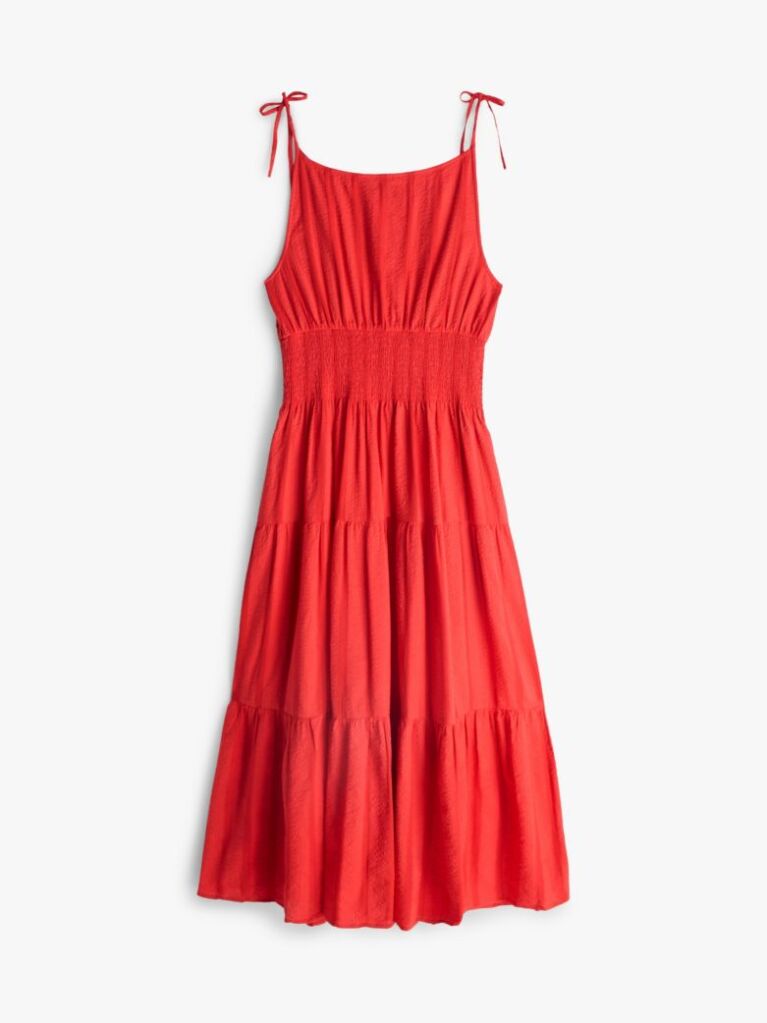 Red Seersucker Smock Tie Strap Midi Dress  Women