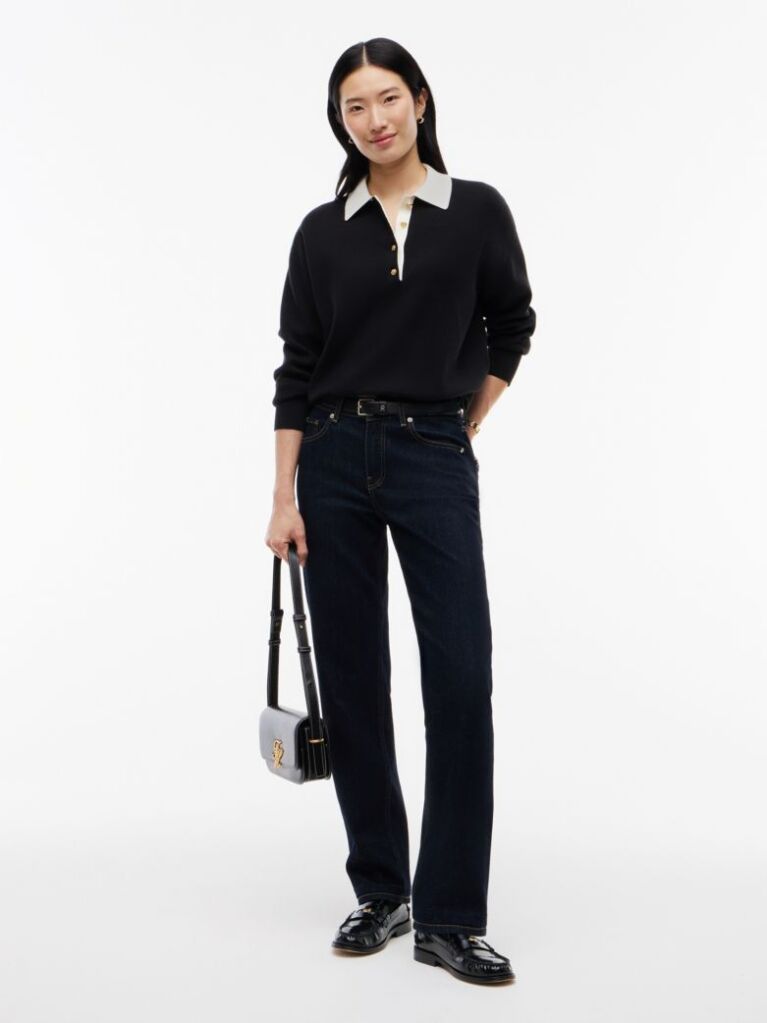 Black Premium Knit Gold-Tone Button Polo Jumper  Women