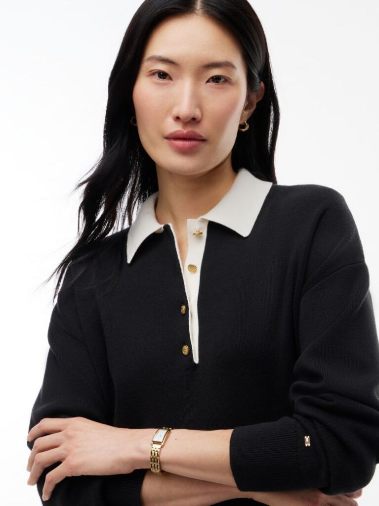Black Premium Knit Gold-Tone Button Polo Jumper  Women