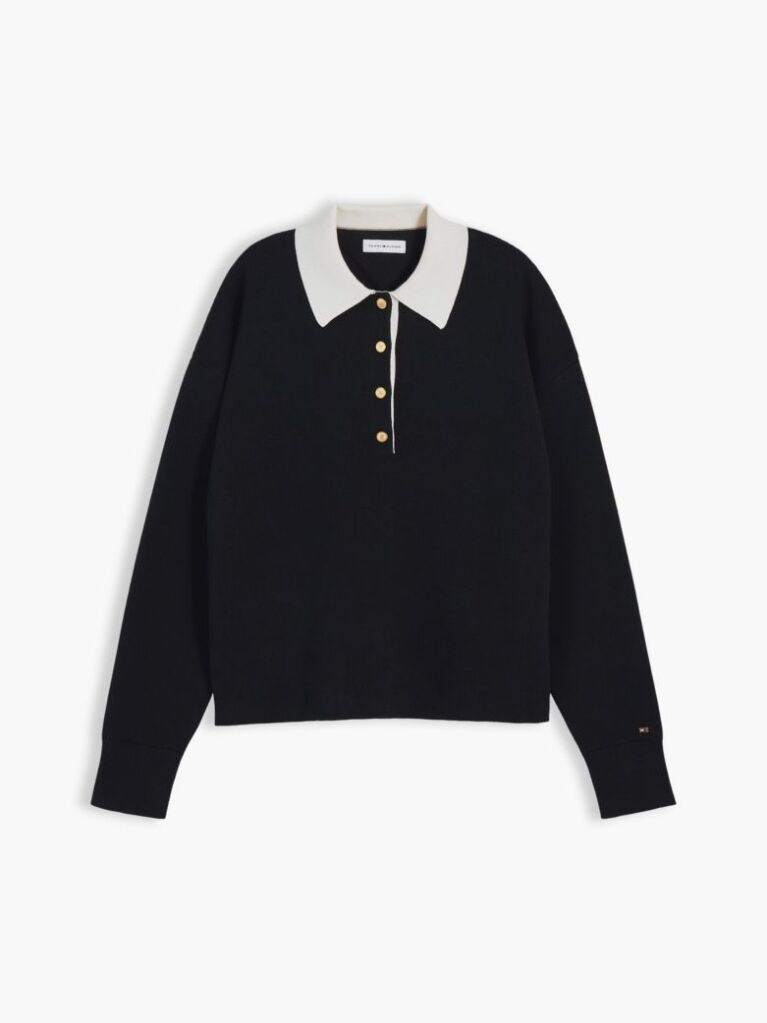 Black Premium Knit Gold-Tone Button Polo Jumper  Women