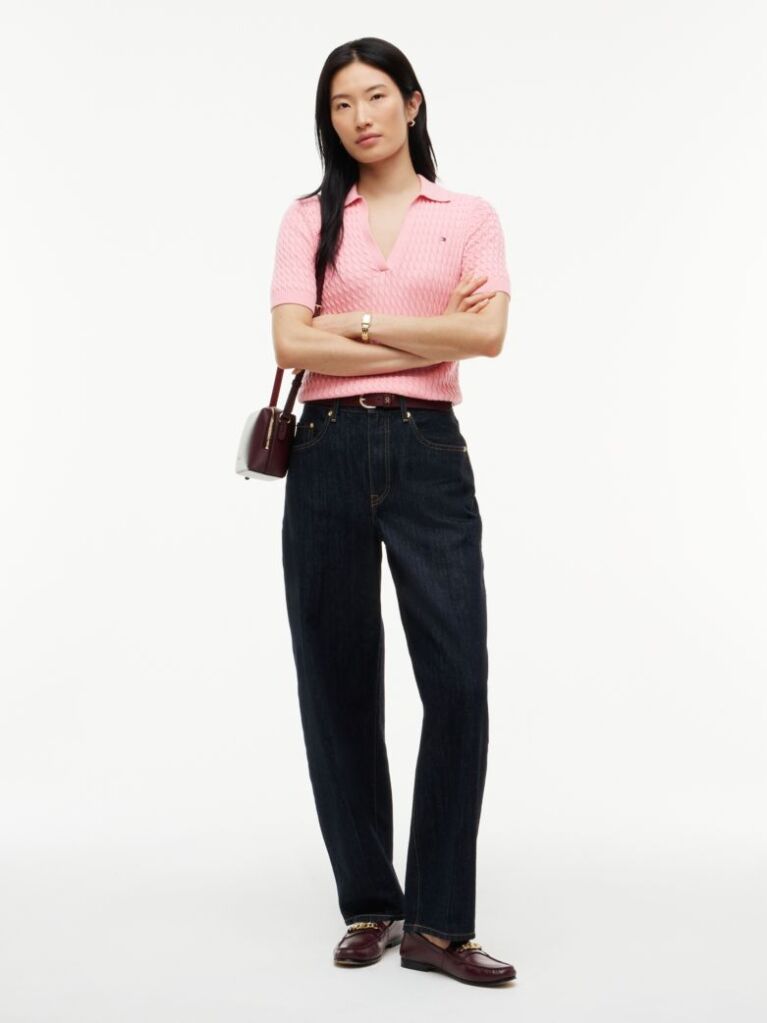 Pink Cable Knit Short Sleeve Polo Jumper  Women