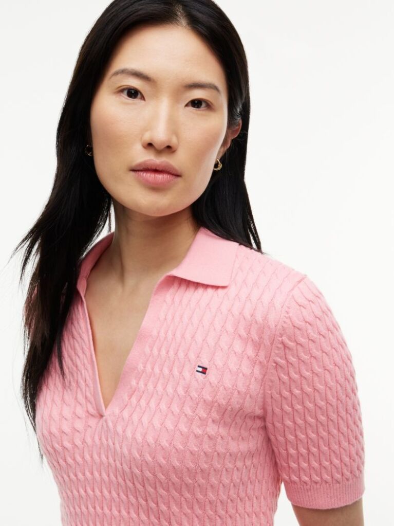 Pink Cable Knit Short Sleeve Polo Jumper  Women