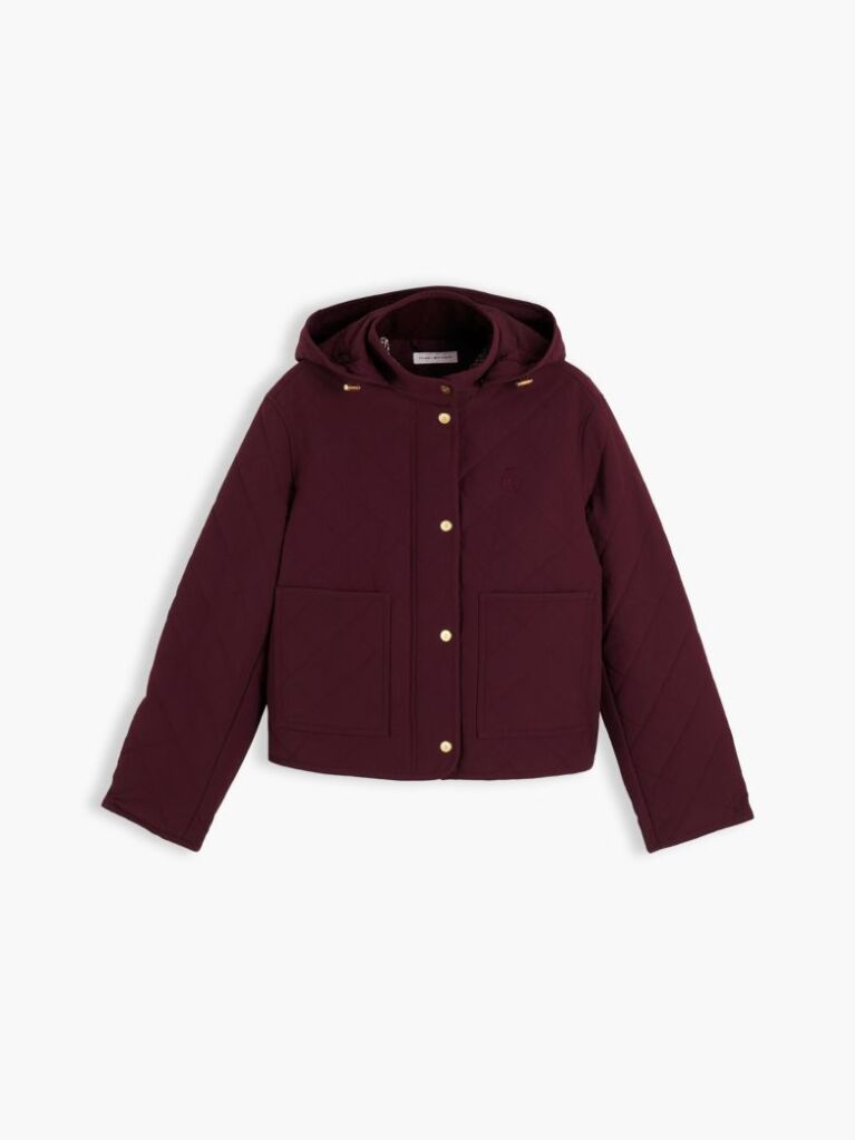 Red Crest Embroidery Square Quilted Hooded Jacket  Women