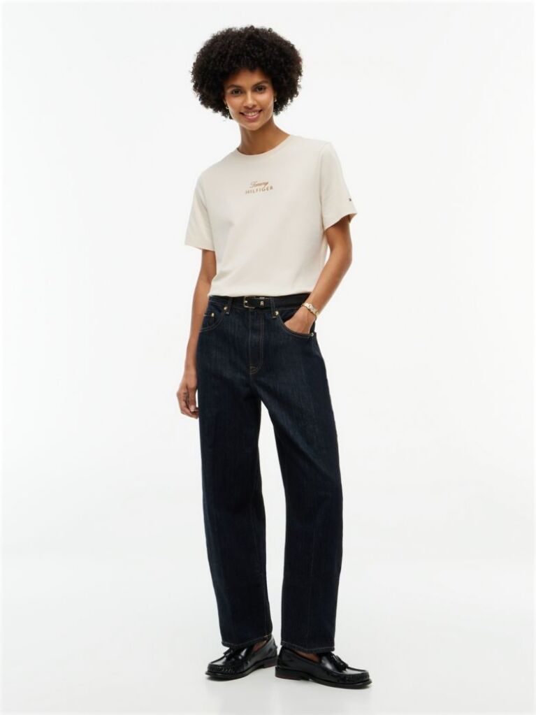 Beige Logo Embroidery Crew Neck T-Shirt  Women