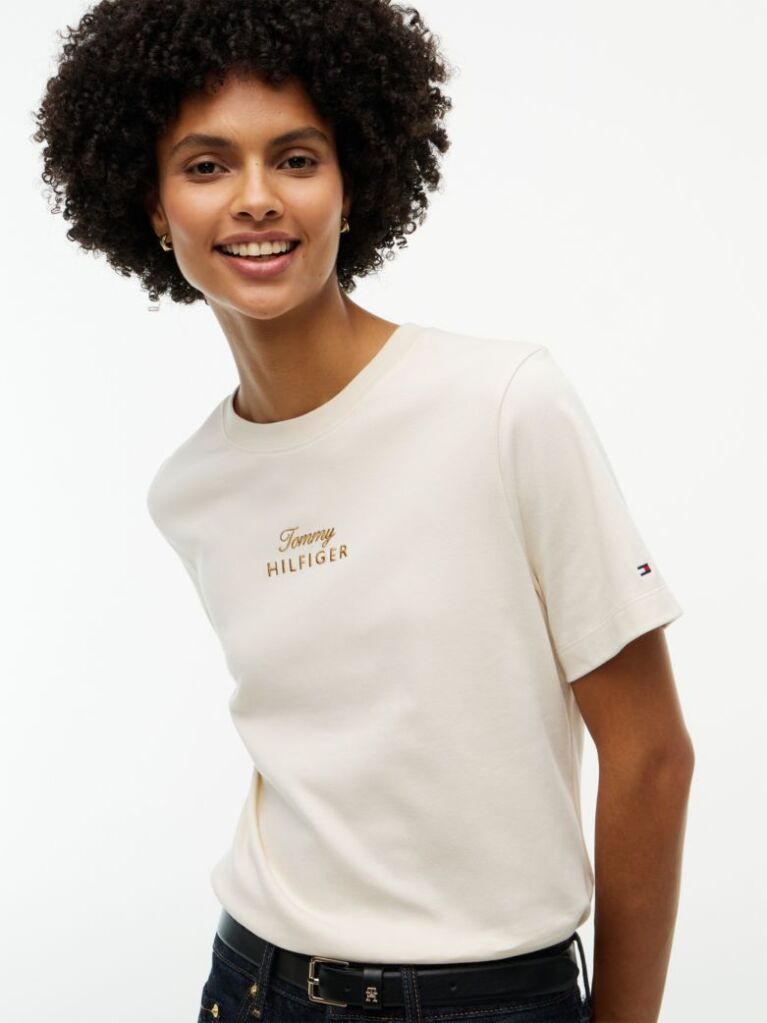 Beige Logo Embroidery Crew Neck T-Shirt  Women