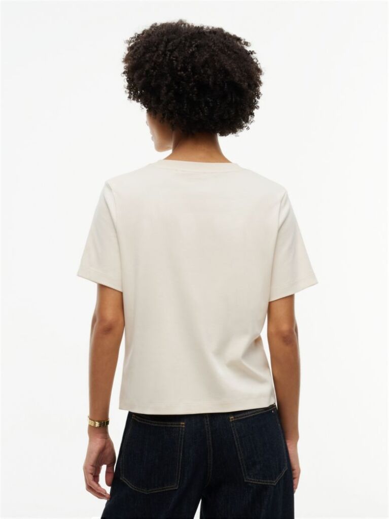 Beige Logo Embroidery Crew Neck T-Shirt  Women