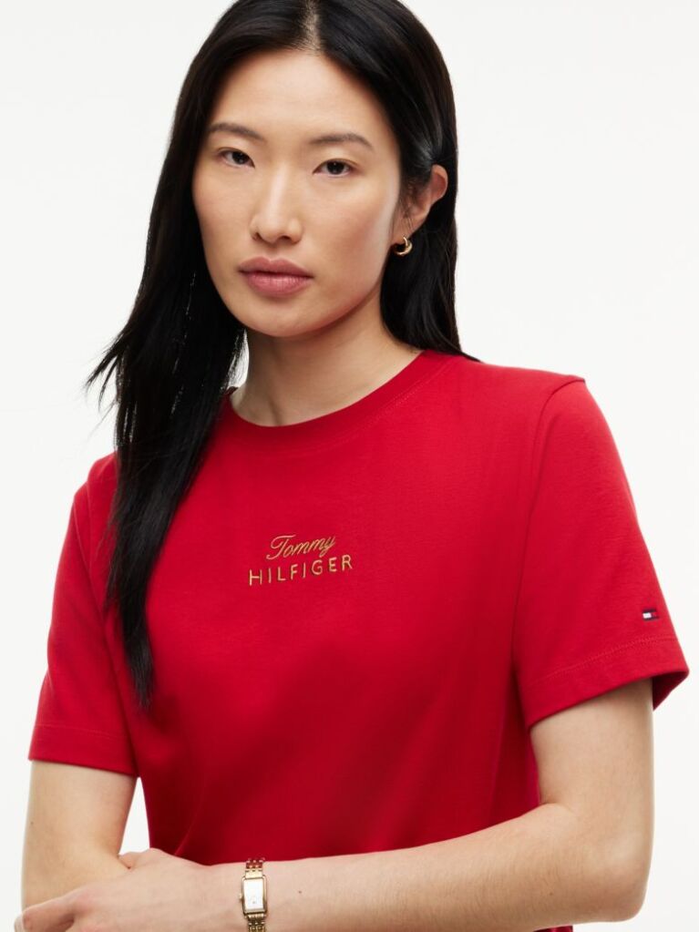 Red Logo Embroidery Crew Neck T-Shirt  Women
