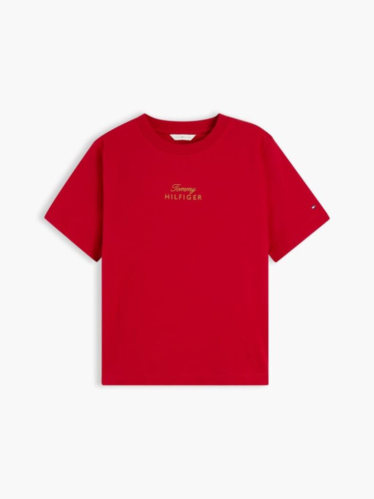 Red Logo Embroidery Crew Neck T-Shirt  Women
