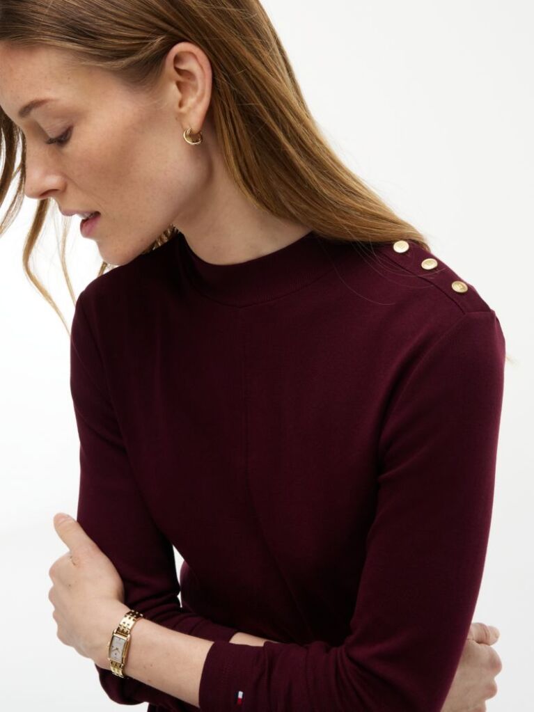 Red Gold-Tone Button Long Sleeve Midi Flare Dress  Women